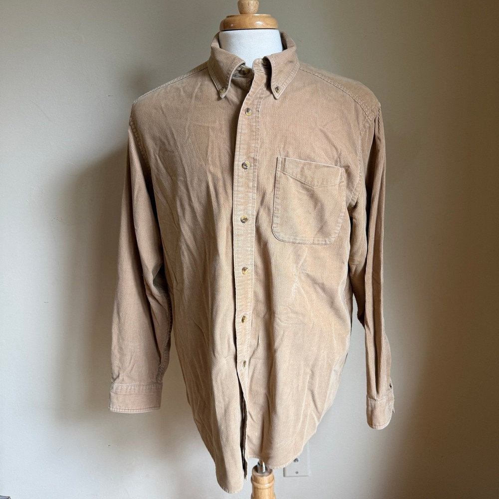 L.L. Bean Corduroy Button Down Shirt Men's Medium Tan Khaki 100% Cotton